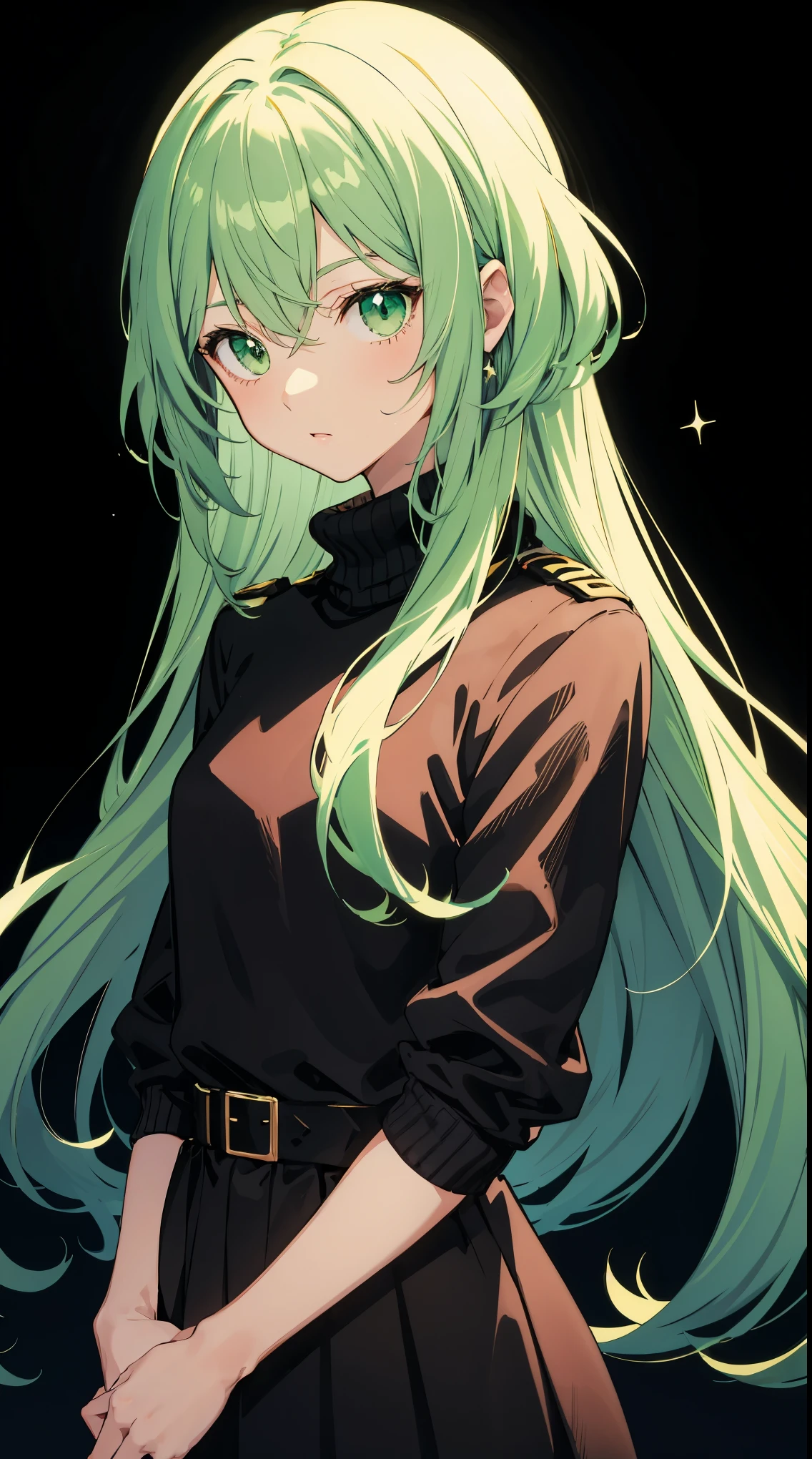 Anime style, green hair, high , Black Uniform, Simple background, Bright sweaters，This is a cute