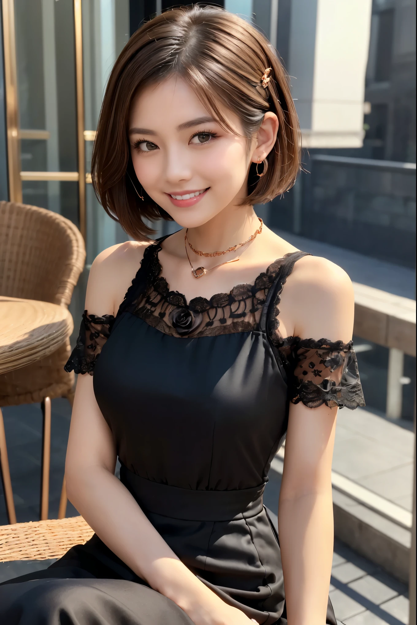 masterpiece, highest quality, Realistic, Official Art, Portraiture, High Contrast, Photo of your face, Bright time zone, Terrace seats in a stylish café, (1girl:1.3), (Brown Hair, Short Bob Hair, The paper is moist., The front hair is swept to one side:1.3), ((Wearing a white blouse, Do not put the hem in the skirt, Short sleeves, Lace collar), (Black long dress), (Simple rose gold necklace), (hairpin)), Make-up for a date, Eyelash extensions, Smiling gently, Turning his face to the side and looking at the viewer
