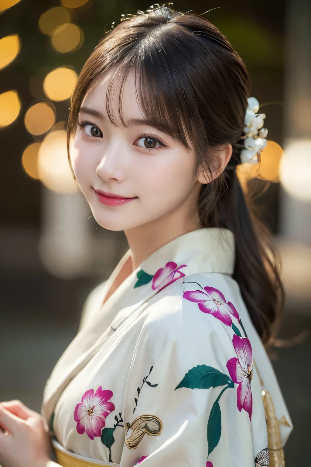 （kimono）、(highest quality、8k、High resolution、masterpiece:1.2)、Very detailed、(Realistic、photoRealistic、photo-Realistic:1.3)、Bokeh、Portraiture、Smile、(Detailed eyes、beautiful girl、Young face、Detailed face、No makeup)、Slightly backlit、Professional Lighting、Caustics
