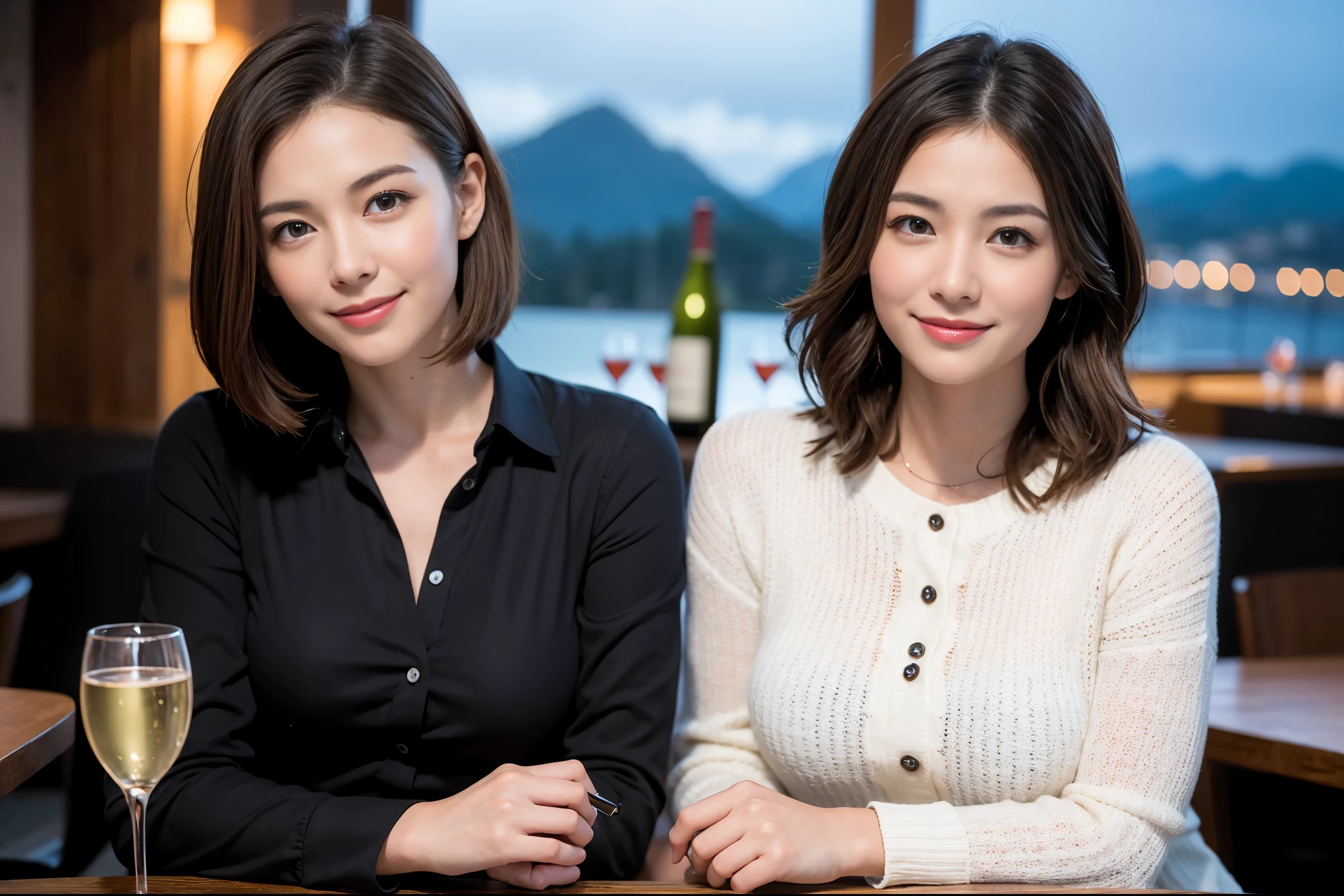 ((highest quality、8k、masterpiece:1.3))、1 male、1 female、Couple、Spouse、Couple、The body is slim、((Bob Hale、Straight hair:1.2)), (Realistic, Intricate details:1.2), テーブルの上のwine glass、Shine light on your face、 Amazing view of the sunset sky and clouds、Amazing mountain views、A bright smile、The wonderfulness of smile、Bright image、The beauty of wine, Beautiful Face, blue eyes, The light shines on your face, Blushing, short hair,Bright Face、 (Age 37), 39 years old, red wine 、Appetizers、Italian food、Wine bottle、Champagne、sparkling wine、Two beauties、Brown Hair、Shortcuts、Long sleeve shirt、dress、Pretty Woman 1, (slimな顔), (The body is slim), (Brown Hair), (Shortcuts), cheeks turn a little red,Attractive beauty、restaurant, In a prominent place (From the waist up) Nova Frog Style, actress, model, Upper Body, White wine, slim, wine glass, 中央に置かれたwine glass, smile, (smile: 1.15), Beautiful fine grain, Depth f/2,saturation, High Contrast, Strong light and shadow,Moist Body:1.5、3D texture、Delicate eyes、Brown Hair、The hair is very shiny、