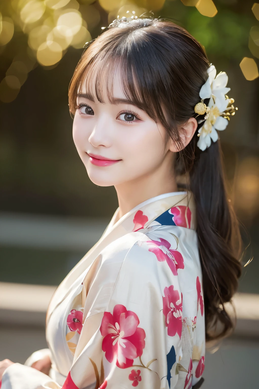 （kimono）、(highest quality、8k、High resolution、masterpiece:1.2)、Very detailed、(Realistic、photoRealistic、photo-Realistic:1.3)、Bokeh、Portraiture、Smile、(Detailed eyes、beautiful girl、Young face、Detailed face、No makeup)、Slightly backlit、Professional Lighting、Caustics