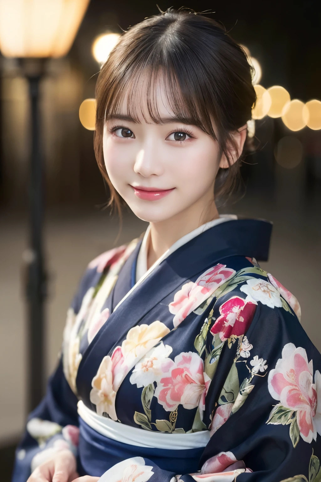 （kimono）、(highest quality、8k、High resolution、masterpiece:1.2)、Very detailed、(Realistic、photoRealistic、photo-Realistic:1.3)、Bokeh、Portraiture、Smile、(Detailed eyes、beautiful girl、Young face、Detailed face、No makeup)、Slightly backlit、Professional Lighting、Caustics