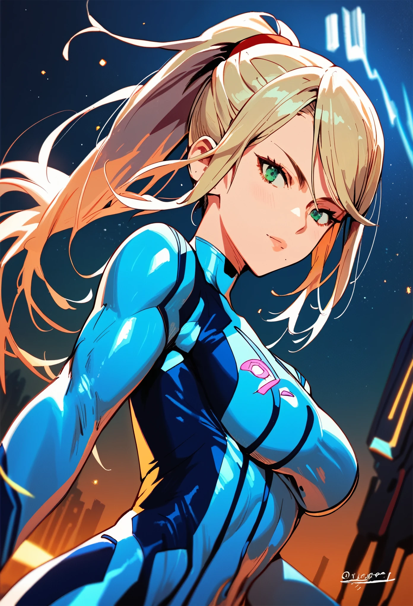 (best quality),female,Samus aran,blond hair,green eyes,zero suit,light blue body suit,upperbody,night city,Science fiction,ultra-detailed,sharp focus,aesthetic, score_9, score_8_up, score_7_up,source_anime,