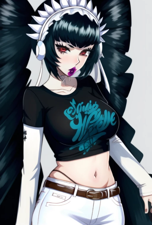 1girl, CelestiaDG, 1girl, solo, black t-shirt, white shirt, blue jeans, belt, lipstick, large breasts, layered sleeves