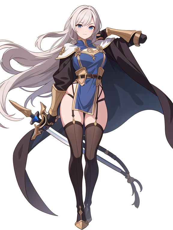(((Best Quality))) , ((full body)), female, reference sheet, solo, (white background), holding sword, gauntlets, robe, thigh high, loin cloth only, cloak, thong,