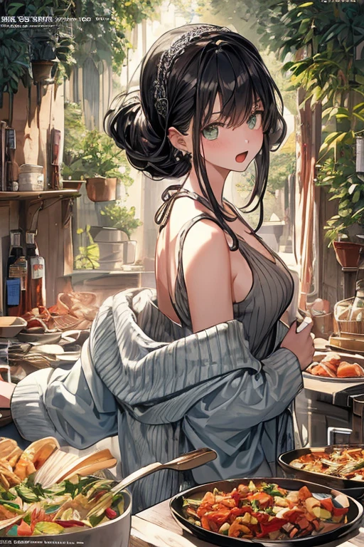 (small breasts:1.3), (perky chest:1.1), (pointed chest:1.0), (fashion magazine cover:1.3),(from below:1.0),(from side:0.9),masterpiece, 1girl, Amazing Cleavage:1.1, thin waist, big ass, Raised sexy, small breast: 1.3, posed cleavage:1.2、solo, looking at viewer, open mouth, have a cute grass of cute beergrass,black hair, dark green eyes, dress, bare shoulders, jewelry, collarbone, sidelocks, hairband, earrings, indoors, off shoulder, :o, sweater, arms behind back, plant, short hair with long locks, gild hairband, off-shoulder dress, sweater dress, off-shoulder sweater, red sweater, dark gord hair, big side hair, very long side hair,is rendered in (masterpiece: 1.2, best quality), with (ultra high resolution) and an exquisite (depth of field). This masterpiece is not only visually stunning but also tells,A scene of cooking in the kitchen by classroom