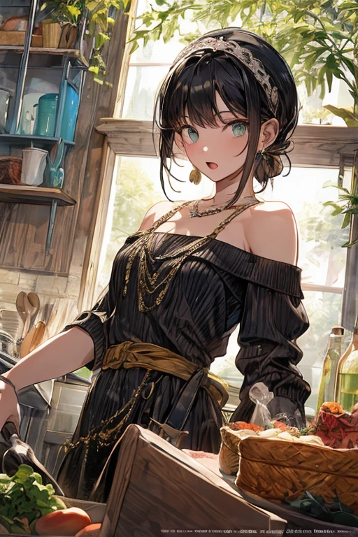 (small breasts:1.3), (perky chest:1.1), (pointed chest:1.0), (fashion magazine cover:1.3),(from below:1.0),(from side:0.9),masterpiece, 1girl, Amazing Cleavage:1.1, thin waist, big ass, Raised sexy, small breast: 1.3, posed cleavage:1.2、solo, looking at viewer, open mouth, have a cute grass of cute beergrass,black hair, dark green eyes, dress, bare shoulders, jewelry, collarbone, sidelocks, hairband, earrings, indoors, off shoulder, :o, sweater, arms behind back, plant, short hair with long locks, gild hairband, off-shoulder dress, sweater dress, off-shoulder sweater, red sweater, dark gord hair, big side hair, very long side hair,is rendered in (masterpiece: 1.2, best quality), with (ultra high resolution) and an exquisite (depth of field). This masterpiece is not only visually stunning but also tells,A scene of cooking in the kitchen by classroom