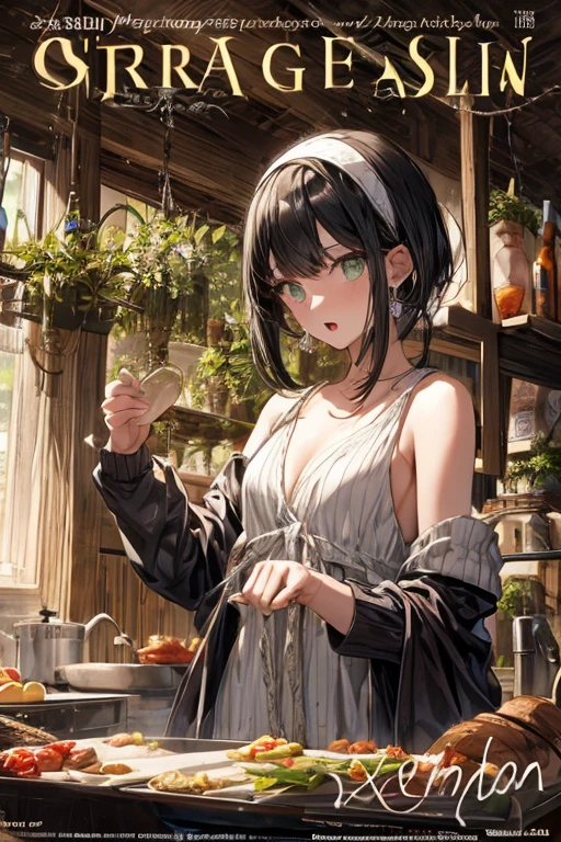 (small breasts:1.3), (perky chest:1.1), (pointed chest:1.0), (fashion magazine cover:1.3),(from below:1.0),(from side:0.9),masterpiece, 1girl, Amazing Cleavage:1.1, thin waist, big ass, Raised sexy, small breast: 1.3, posed cleavage:1.2、solo, looking at viewer, open mouth, have a cute grass of cute beergrass,black hair, dark green eyes, dress, bare shoulders, jewelry, collarbone, sidelocks, hairband, earrings, indoors, off shoulder, :o, sweater, arms behind back, plant, short hair with long locks, gild hairband, off-shoulder dress, sweater dress, off-shoulder sweater, red sweater, dark gord hair, big side hair, very long side hair,is rendered in (masterpiece: 1.2, best quality), with (ultra high resolution) and an exquisite (depth of field). This masterpiece is not only visually stunning but also tells,A scene of cooking in the kitchen by classroom