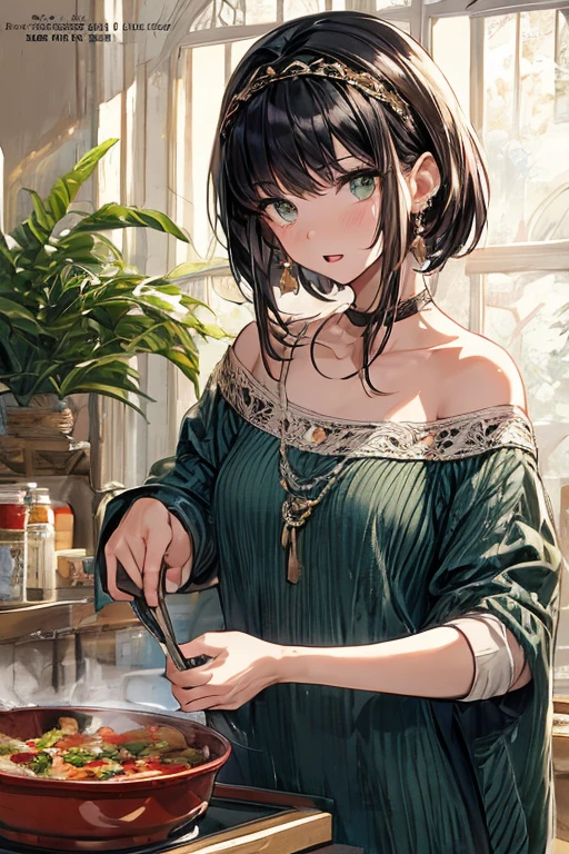 (small breasts:1.3), (perky chest:1.1), (pointed chest:1.0), (fashion magazine cover:1.3),(from below:1.0),(from side:0.9),masterpiece, 1girl, Amazing Cleavage:1.1, thin waist, big ass, Raised sexy, small breast: 1.3, posed cleavage:1.2、solo, looking at viewer, open mouth, have a cute grass of cute beergrass,black hair, dark green eyes, dress, bare shoulders, jewelry, collarbone, sidelocks, hairband, earrings, indoors, off shoulder, :o, sweater, arms behind back, plant, short hair with long locks, gild hairband, off-shoulder dress, sweater dress, off-shoulder sweater, red sweater, dark gord hair, big side hair, very long side hair,is rendered in (masterpiece: 1.2, best quality), with (ultra high resolution) and an exquisite (depth of field). This masterpiece is not only visually stunning but also tells,A scene of cooking in the kitchen by classroom