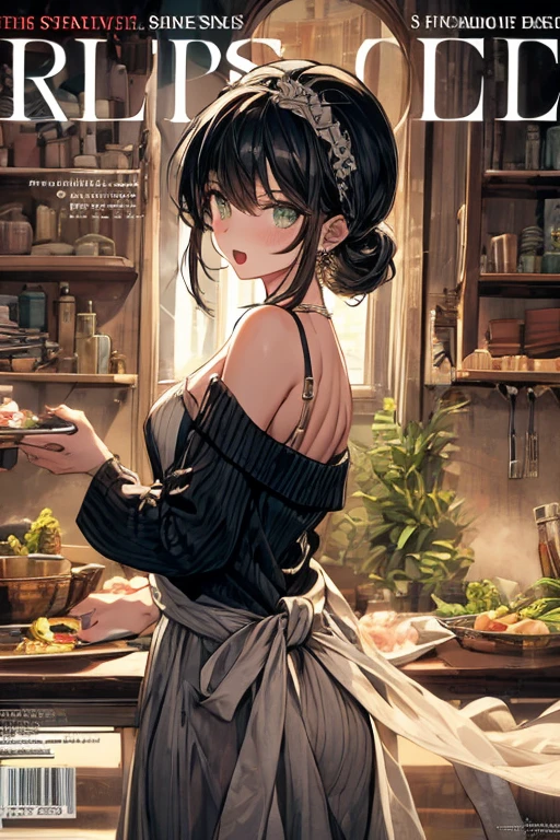 (small breasts:1.3), (perky chest:1.1), (pointed chest:1.0), (fashion magazine cover:1.3),(from below:1.0),(from side:0.9),masterpiece, 1girl, Amazing Cleavage:1.1, thin waist, big ass, Raised sexy, small breast: 1.3, posed cleavage:1.2、solo, looking at viewer, open mouth, have a cute grass of cute beergrass,black hair, dark green eyes, dress, bare shoulders, jewelry, collarbone, sidelocks, hairband, earrings, indoors, off shoulder, :o, sweater, arms behind back, plant, short hair with long locks, gild hairband, off-shoulder dress, sweater dress, off-shoulder sweater, red sweater, dark gord hair, big side hair, very long side hair,is rendered in (masterpiece: 1.2, best quality), with (ultra high resolution) and an exquisite (depth of field). This masterpiece is not only visually stunning but also tells,A scene of cooking in the kitchen by classroom