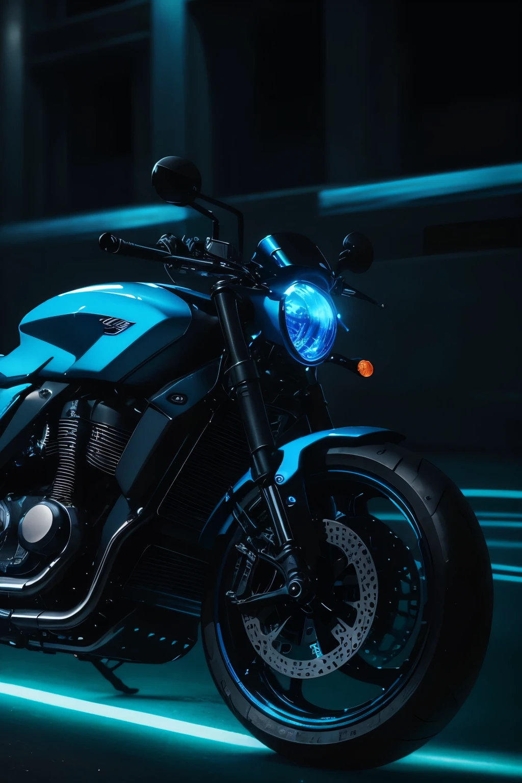 Blue motorcycle,Night city street,Neon light,Low angle shot,Wide-angle lens,High Saturation,Warm and cold contrast,Futurism,Technology