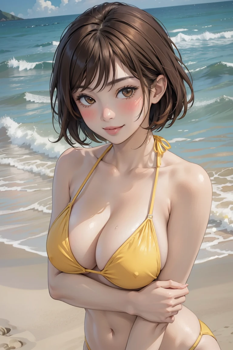 Nude Model(masterpiece), (highest quality), (Super detailed), (Best illustrations), (Best Shadow), (Absurd), nobarakugisakinova, short hair, Orange Hair, ((Brown eyes)), kugisaki nobara, One girl, alone, bangs, Mouth closed, View Viewer, Upper Body, (Ocean Background), ((Cleavage)), ((Yellow Bikini)), ((Blushing)), sexy, (Place your hand on your chest), Big Breasts, smile,