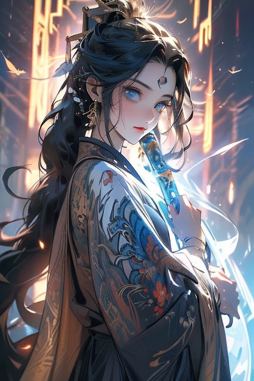 (masterpiece, top quality, best quality, official art, beautiful and aesthetic:1.2), (1girl), extreme detailed,(abstract, fractal art:1.3),colorful hair,highest detailed, detailed_eyes, fire, water, ice, lightning, light_particles, ghost、large black feathers on the back,、Background、gold、Her eyes are as clear blue as the sky