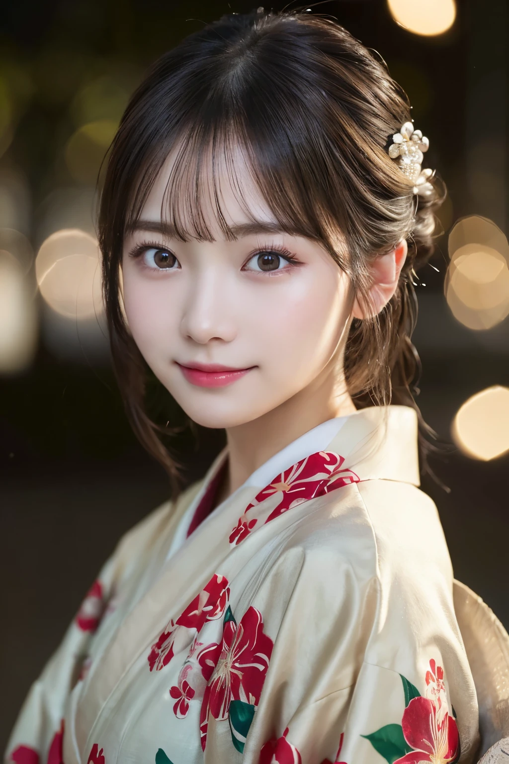 (kimono)、(highest quality、8k、High resolution、masterpiece:1.2)、Very detailed、(Realistic、photoRealistic、photo-Realistic:1.3)、Bokeh、Portraiture、Smile、(Detailed eyes、beautiful girl、Young face、Detailed face、No makeup)、Slightly backlit、Professional Lighting、Caustics