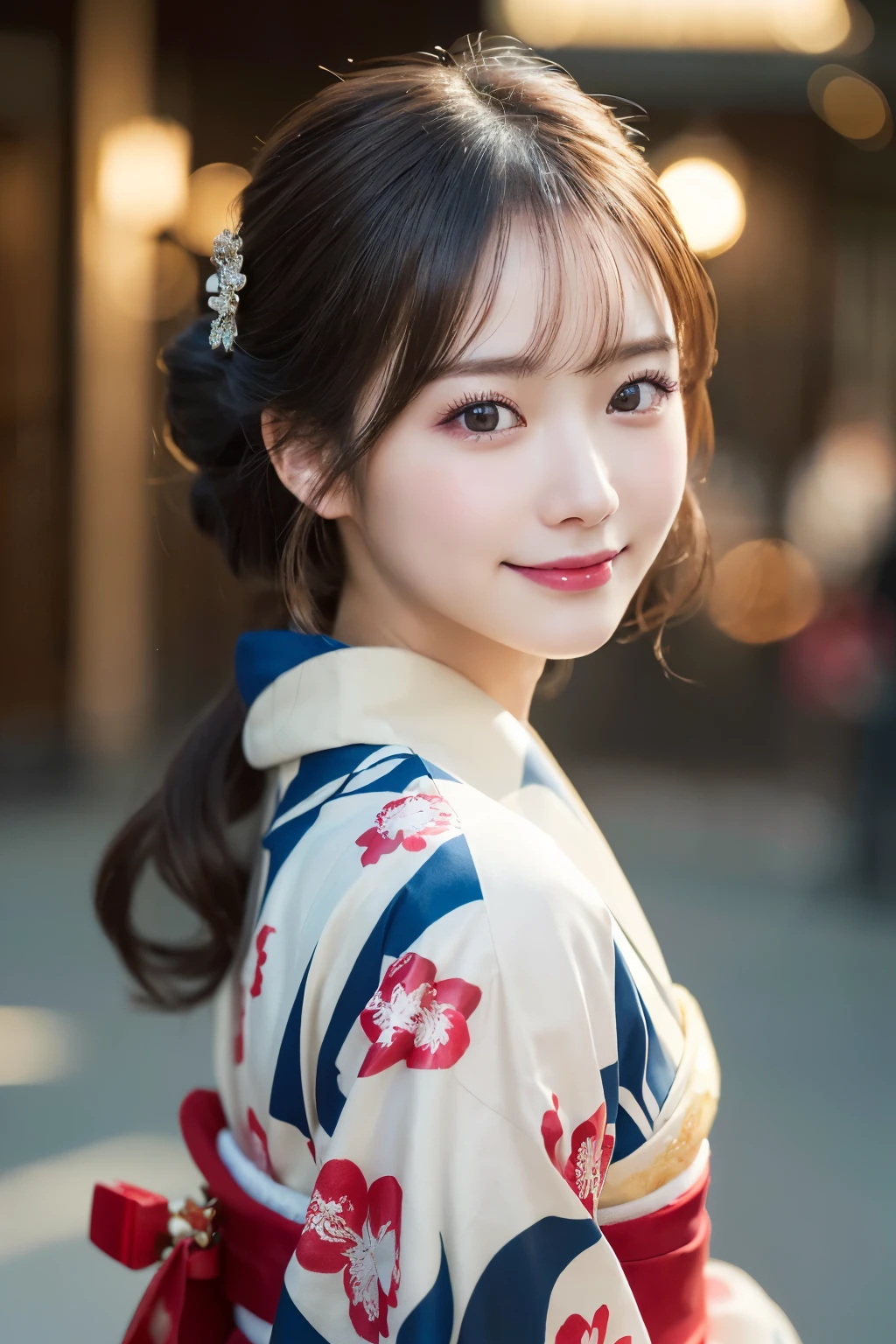 (kimono)、(highest quality、8k、High resolution、masterpiece:1.2)、Very detailed、(Realistic、photoRealistic、photo-Realistic:1.3)、Bokeh、Portraiture、Smile、(Detailed eyes、beautiful girl、Young face、Detailed face、No makeup)、Slightly backlit、Professional Lighting、Caustics