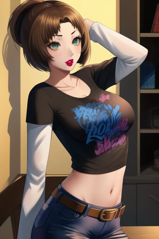 masterpiece, highres, best quality,  1girl, solo, black t-shirt, white shirt, blue jeans, belt, lipstick, large breasts, layered sleeves, asahina aoi, brown hair