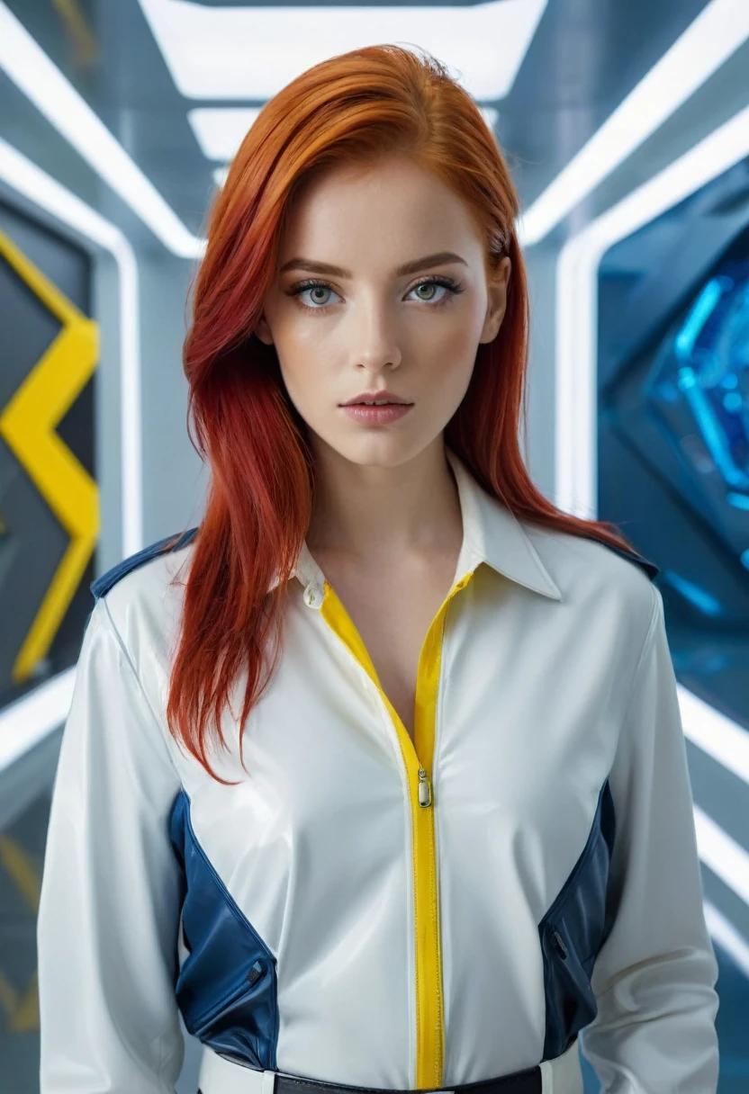 This image features a representation of a young woman with red hair, ojos azules vestida con una chaqueta amarilla y una camisa blanca. In the background a room with a futuristic design.