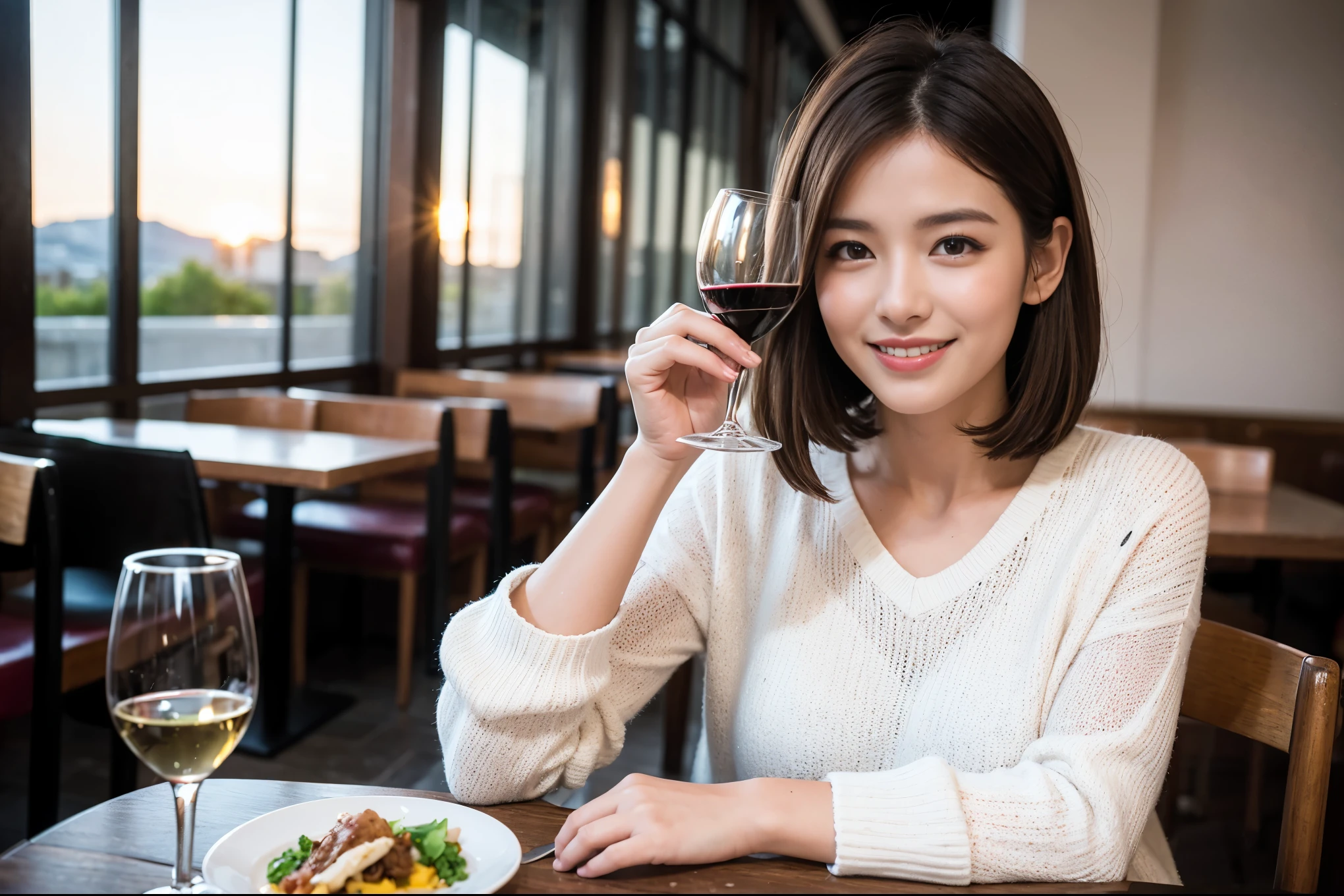 ((highest quality、8k、masterpiece:1.3))、1 male、1 woman who resembles Satomi Ishihara、Couple、Spouse、Couple、The body is slim、((Bob Hale、Straight hair:1.2)), (Realistic, Intricate details:1.2), テーブルの上のwine glass、Shine light on your face、 Amazing view of the sunset sky and clouds、Amazing mountain views、A bright smile、The wonderfulness of smile、Bright image、The beauty of wine, Beautiful Face, blue eyes, The light shines on your face, Blushing, short hair,Bright Face、 (42 years old), 39 years old, red wine 、Appetizers、Italian food、Wine bottle、Champagne、sparkling wine、Two beauties、Brown Hair、Shortcuts、Long sleeve shirt、dress、Pretty Woman 1, (slimな顔), (The body is slim), (Brown Hair), (Shortcuts), cheeks turn a little red,Attractive beauty、restaurant, In a prominent place (From the waist up) Nova Frog Style, actress, model, Upper Body, White wine, slim, wine glass, 中央に置かれたwine glass, smile, (smile: 1.15), Beautiful fine grain, Depth f/2,saturation, High Contrast, Strong light and shadow,Moist Body:1.5、3D texture、Delicate eyes、Brown Hair、The hair is very shiny、