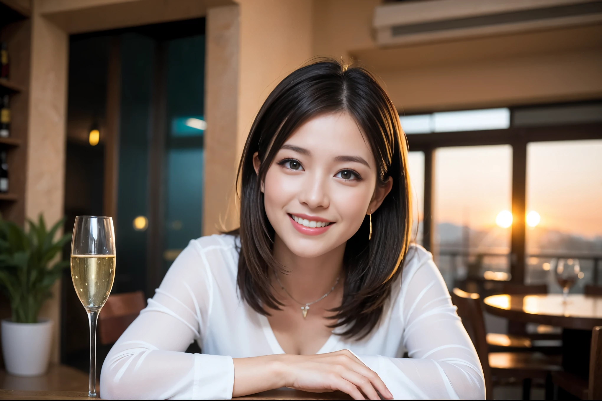 ((highest quality、8k、masterpiece:1.3))、1 male、1 woman who resembles Satomi Ishihara、Couple、Spouse、Couple、The body is slim、((Bob Hale、Straight hair:1.2)), (Realistic, Intricate details:1.2), テーブルの上のwine glass、Shine light on your face、 Amazing view of the sunset sky and clouds、Amazing mountain views、A bright smile、The wonderfulness of smile、Bright image、The beauty of wine, Beautiful Face, blue eyes, The light shines on your face, Blushing, short hair,Bright Face、 (42 years old), 39 years old, red wine 、Appetizers、Italian food、Wine bottle、Champagne、sparkling wine、Two beauties、Brown Hair、Shortcuts、Long sleeve shirt、dress、Pretty Woman 1, (slimな顔), (The body is slim), (Brown Hair), (Shortcuts), cheeks turn a little red,Attractive beauty、restaurant, In a prominent place (From the waist up) Nova Frog Style, actress, model, Upper Body, White wine, slim, wine glass, 中央に置かれたwine glass, smile, (smile: 1.15), Beautiful fine grain, Depth f/2,saturation, High Contrast, Strong light and shadow,Moist Body:1.5、3D texture、Delicate eyes、Brown Hair、The hair is very shiny、