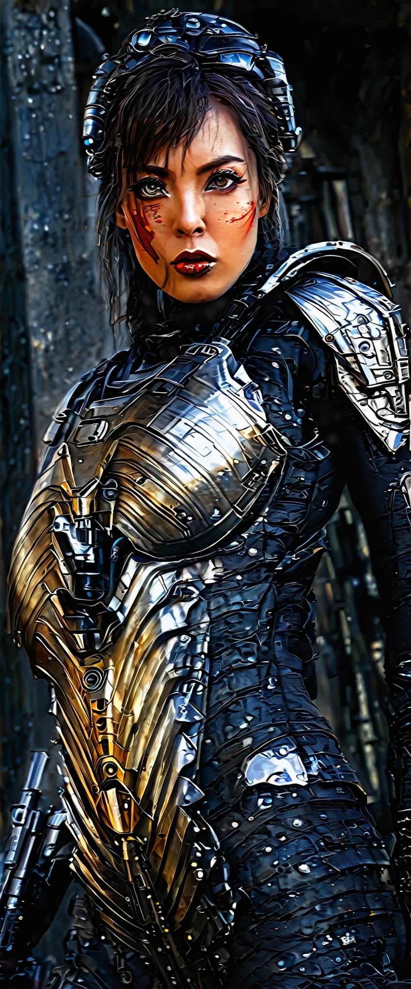 a sister of battle, beautiful detailed eyes, beautiful detailed lips, extremely detailed eyes and face, long eyelashes, lovely woman, tight powered armor combat suit, gold and red color scheme, big dangerous gun, scouting a war torn ruined gothic city, trending on artstation, hyper detailed, 8k, intricate, exquisite, masterpiece, cinematic lighting, moody atmosphere, dramatic, photorealistic, sharp focus, physically-based rendering, ultra-fine painting, vibrant colors
