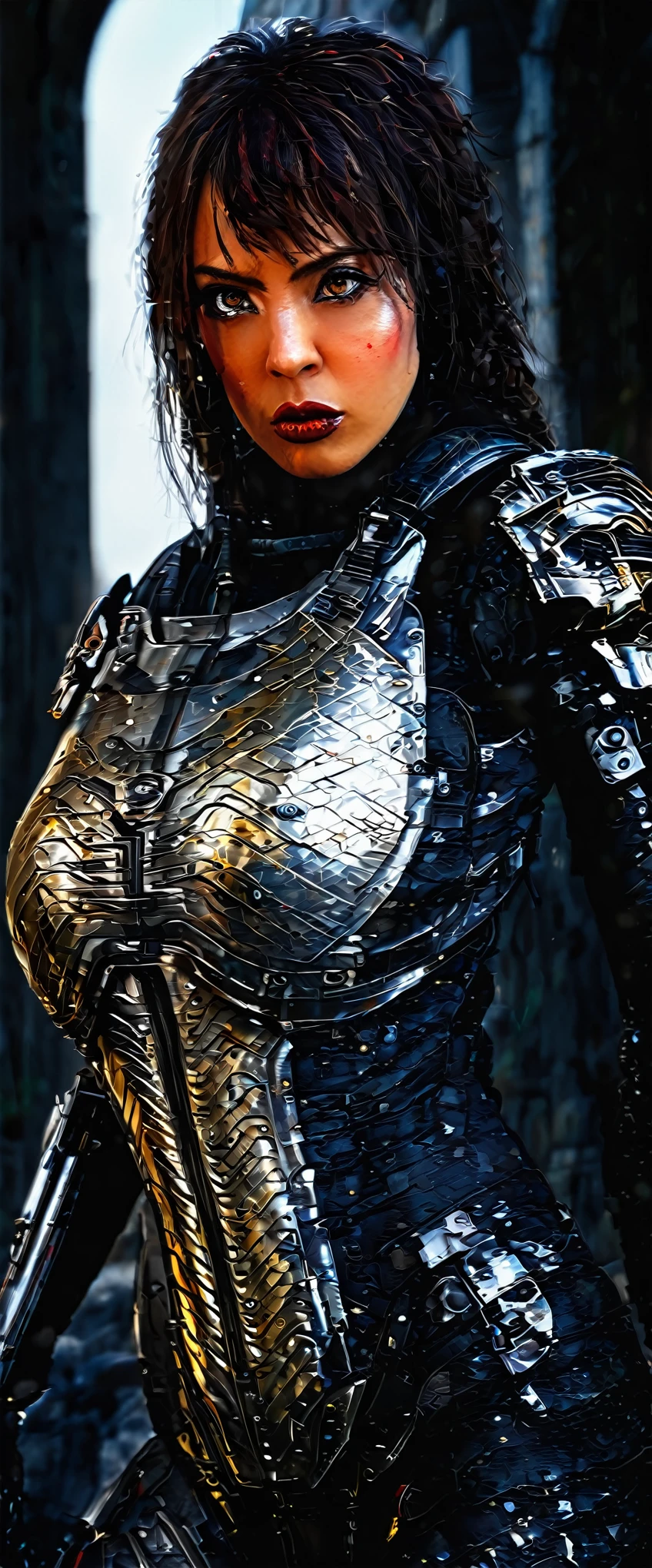 a sister of battle, beautiful detailed eyes, beautiful detailed lips, extremely detailed eyes and face, long eyelashes, lovely woman, tight powered armor combat suit, gold and red color scheme, big dangerous gun, scouting a war torn ruined gothic city, trending on artstation, hyper detailed, 8k, intricate, exquisite, masterpiece, cinematic lighting, moody atmosphere, dramatic, photorealistic, sharp focus, physically-based rendering, ultra-fine painting, vibrant colors