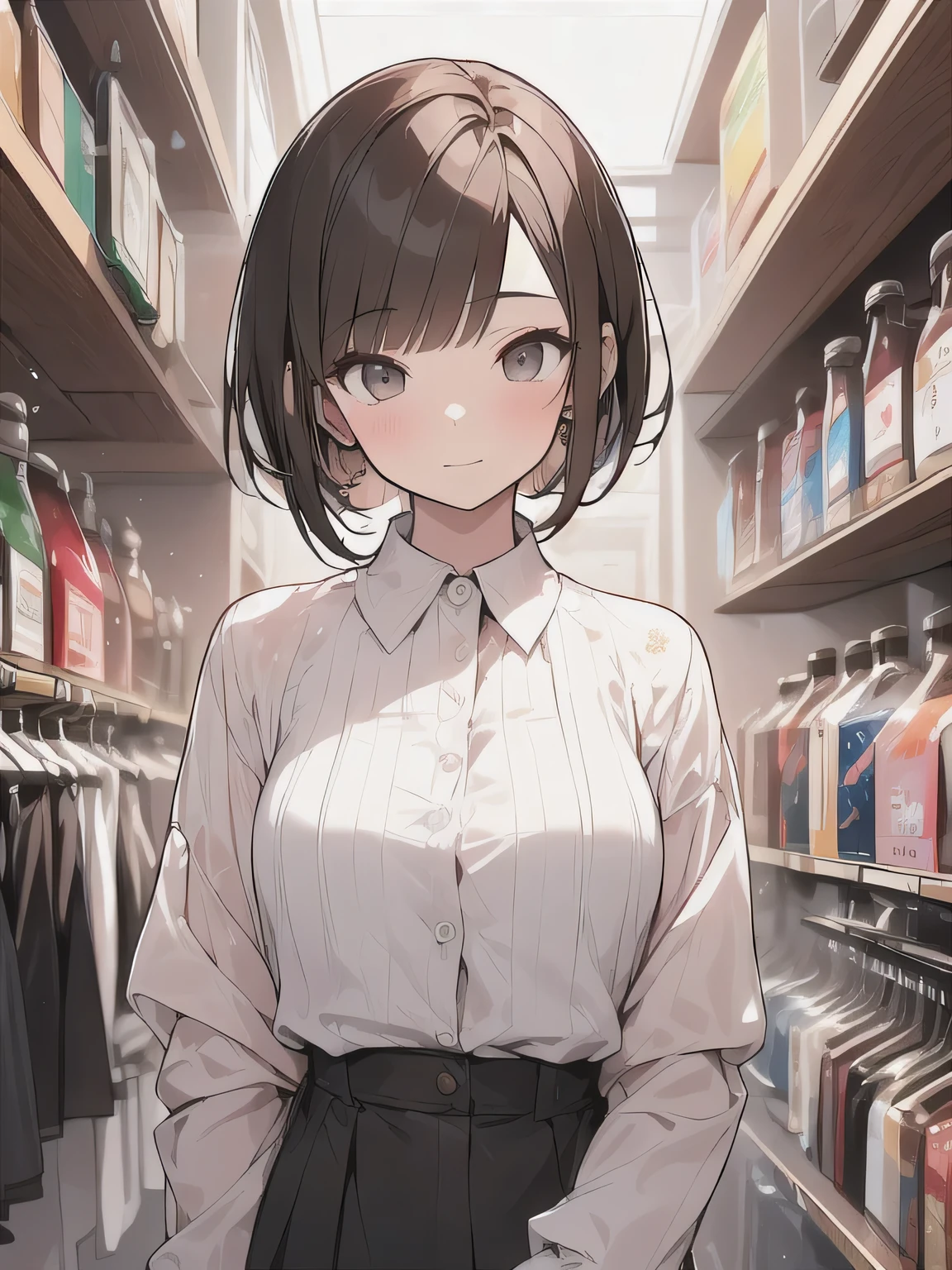 (best quality), (Super detailed), (Best Illustration), (masterpiece), score_9, score_8_up, score_7_up, 4k, upper body,
A woman with brown hair and a bob, Stylish apparel shop,