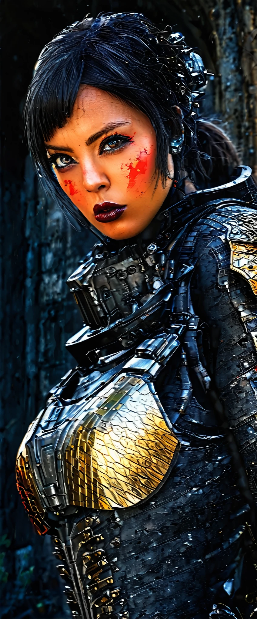 a sister of battle, beautiful detailed eyes, beautiful detailed lips, extremely detailed eyes and face, long eyelashes, lovely woman, tight powered armor combat suit, gold and red color scheme, big dangerous gun, scouting a war torn ruined gothic city, trending on artstation, hyper detailed, 8k, intricate, exquisite, masterpiece, cinematic lighting, moody atmosphere, dramatic, photorealistic, sharp focus, physically-based rendering, ultra-fine painting, vibrant colors