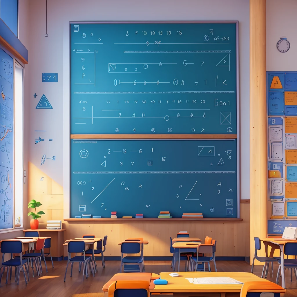 The image could be depicting a classroom filled with whiteboards and geometric drawings, and on the walls prominent drawings of geometric shapes such as triangles, rectangles and circles can be seen. There can be cartoon characters representing mathematical numbers or historical figures in the world of mathematics such as Euclid or Pythagoras.

The background can contain mathematical symbols such as numbers, ratios, mathematical functions, and equations. The colors used can be bright and reflect a fun and educational atmosphere at the same time.