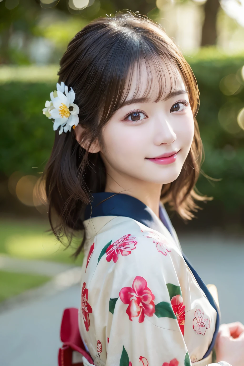 (kimono)、(highest quality、8k、High resolution、masterpiece:1.2)、Very detailed、(Realistic、photoRealistic、photo-Realistic:1.3)、Bokeh、Portraiture、Smile、(Detailed eyes、beautiful girl、Young face、Detailed face、No makeup)、Slightly backlit、Professional Lighting、Caustics