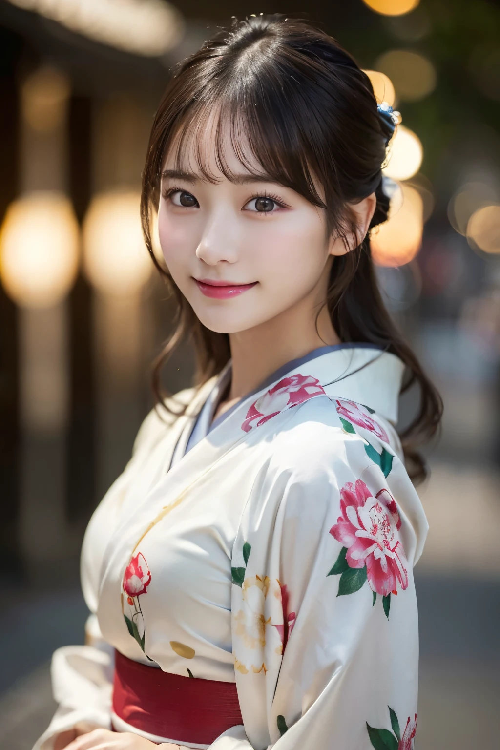 （kimono）、(highest quality、8k、High resolution、masterpiece:1.2)、Very detailed、(Realistic、photoRealistic、photo-Realistic:1.3)、Bokeh、Portraiture、Smile、(Detailed eyes、beautiful girl、Young face、Detailed face、No makeup)、Slightly backlit、Professional Lighting、Caustics