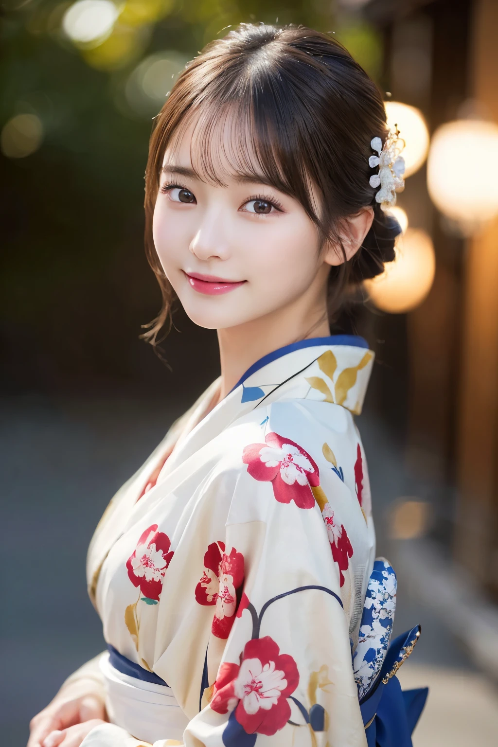 (kimono)、(highest quality、8k、High resolution、masterpiece:1.2)、Very detailed、(Realistic、photoRealistic、photo-Realistic:1.3)、Bokeh、Portraiture、Smile、(Detailed eyes、beautiful girl、Young face、Detailed face、No makeup)、Slightly backlit、Professional Lighting、Caustics