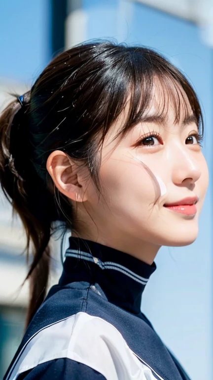 (highest quality,masterpiece:1.3,Ultra-high resolution),(Very detailed,Caustics,8k),(Realistic:1.4,RAW shooting),18-year-old,Japanese,cute,Black short ponytail,I'm looking at the camera with a smile on my face,Sailor suit,forward leaning posture,Waist up shot,(Face Focus:1.2),(Face close-up:1.2),(Low position:1.3),(Low Angle:1.4),blue sky,Natural light