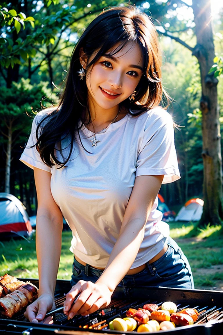 Maintain this face and pose image:1.5、Pale face and eyes:1.3、細いPale face and eyes:1.3, blue eyes:1.3、{RAW shooting、4k, 8k, highest quality}, {{Masterpiece}}, {Very delicate and beautiful}, Outstanding light and shadow, Highly detailed wallpaper, Sunny and bright sunlight, whole body, whole body、 1 girl, , blush:1.2、Shaggy light brown long hair:1.3, Strong sunlight,  Delicate Hair,Realistic skin texture, B cup breasts、valley, Fresh, Young Skin, Visible wrinkles on the skin., Broad shoulders:1.4, ((A strong light shines on your face:1.5)), Take dynamic poses:1.5, necklace、ring、Earrings、Toothy smile:1,5、smile:1.5, Ray Tracing, Sexy and seductive gestures、((Having a barbecue at the campsite:1.5))、((hot pants、White T-shirt))、Floating in the pool on a swim ring:2.0