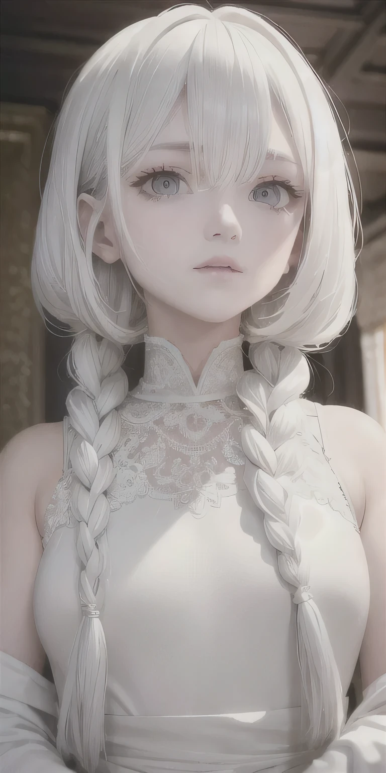 best quality, masterpiece,white hair, Golden Eyes,White clothes, look up, Upper Body,Hair,White skin,Side Braid