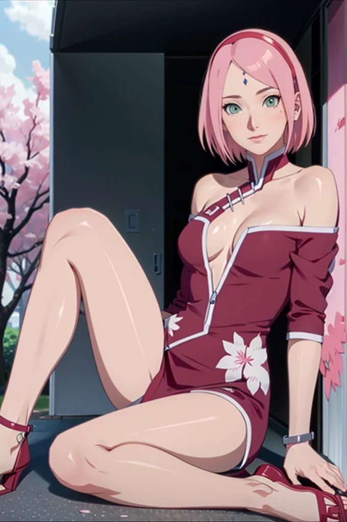 tmasterpiece, Best quality at best, 1girll, Sakura Haruno, Large breasts,Off-the-shoulder attire,(cleavage),(upperbody closeup),Raised sexy,is shy,ssmile,with pink hair,short hair, (Green eyeballs:1.4), Forehead protection, the cherry trees,Cherry blossoms flying,Red clothes,Zipper half, sitting on the ground, naked feet