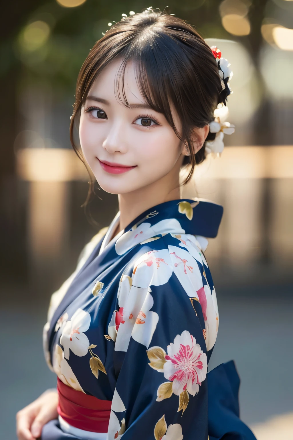 (kimono)、(highest quality、8k、High resolution、masterpiece:1.2)、Very detailed、(Realistic、photoRealistic、photo-Realistic:1.3)、Bokeh、Portraiture、Smile、(Detailed eyes、beautiful girl、Young face、Detailed face、No makeup)、Slightly backlit、Professional Lighting、Caustics
