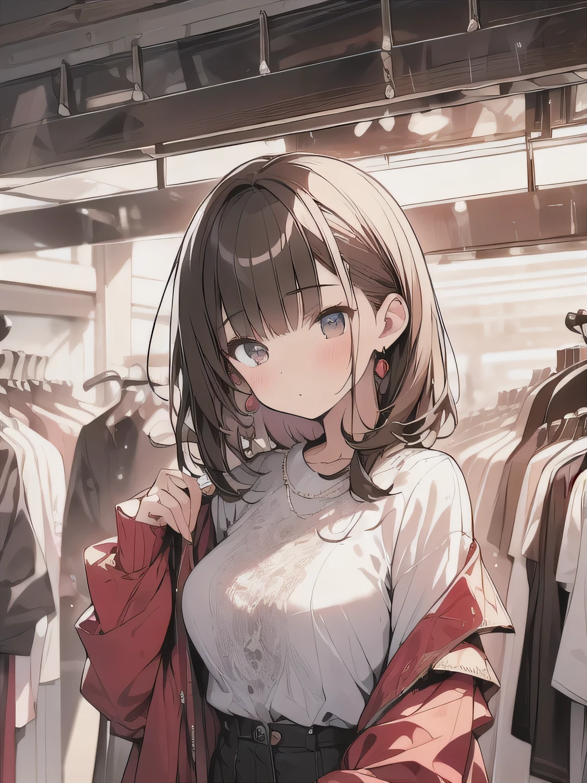 (best quality), (Super detailed), (Best Illustration), (masterpiece), score_9, score_8_up, score_7_up, 4k, upper body,
A woman with brown hair and a bob, Stylish apparel shop,　Choosing clothes,