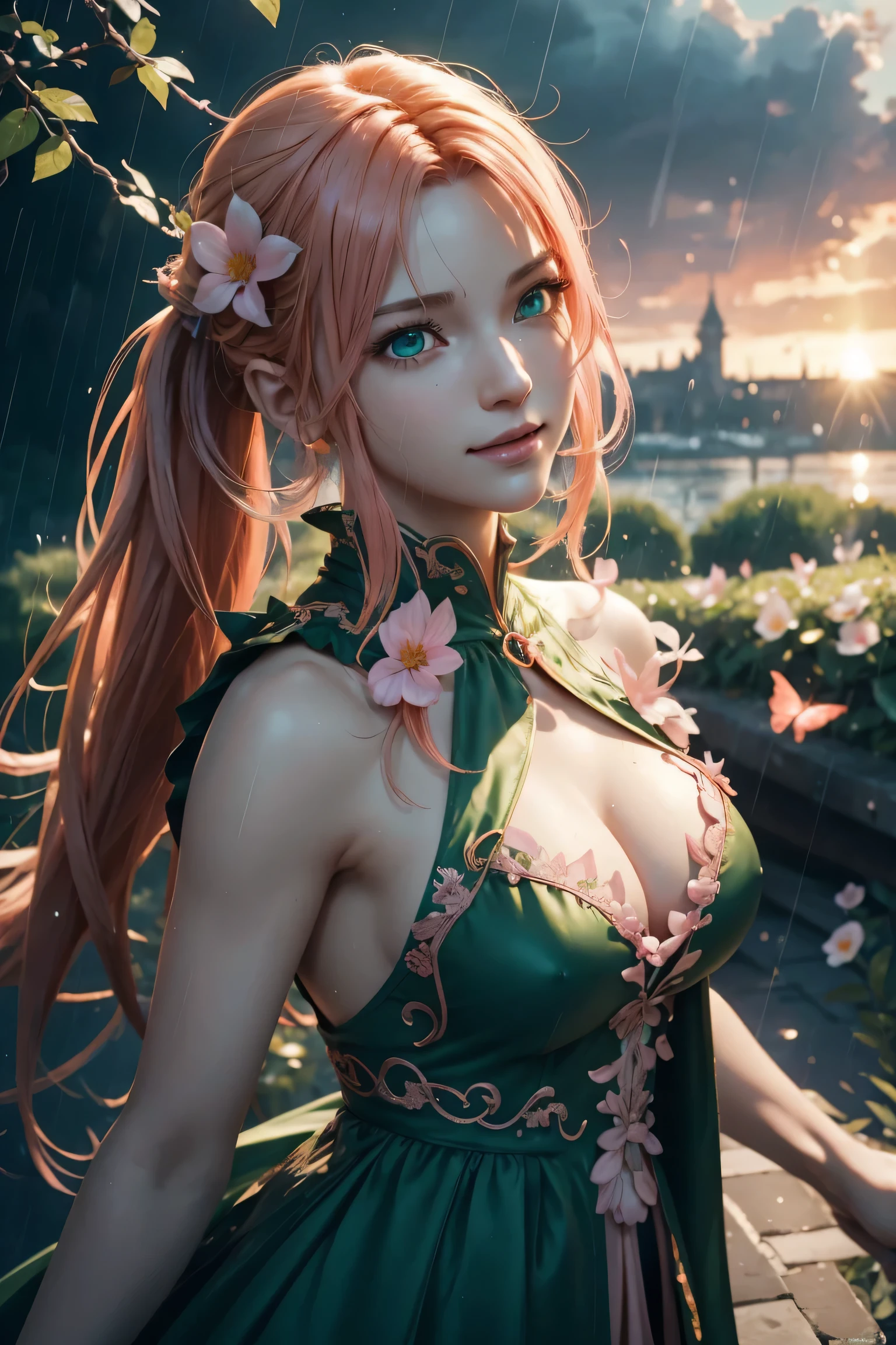 vanilla,Final Fantasy 13,FF13,Orange Hair,Twin tails,Lightly permed hair,Beautiful emerald green eyes,White skin,Red frilled dress,super high quality,super high quality,masterpiece,Digital SLR,Realistic,Further details,Vivid details,Depicted in detail,Detailed face,Further details,Super detailed,Realistic skin texture,Based on anatomical grounds,Perfect Anatomy,Anatomically correct hand,Anatomically correct fingers,Complex 3D rendering,Huge ,y pose,Beautiful morning glory(flower),Rainy Sky,Beautiful scenery,Fantastic rainy sky,Picturesque,Pink Lips,smile,Fantastic butlies々,