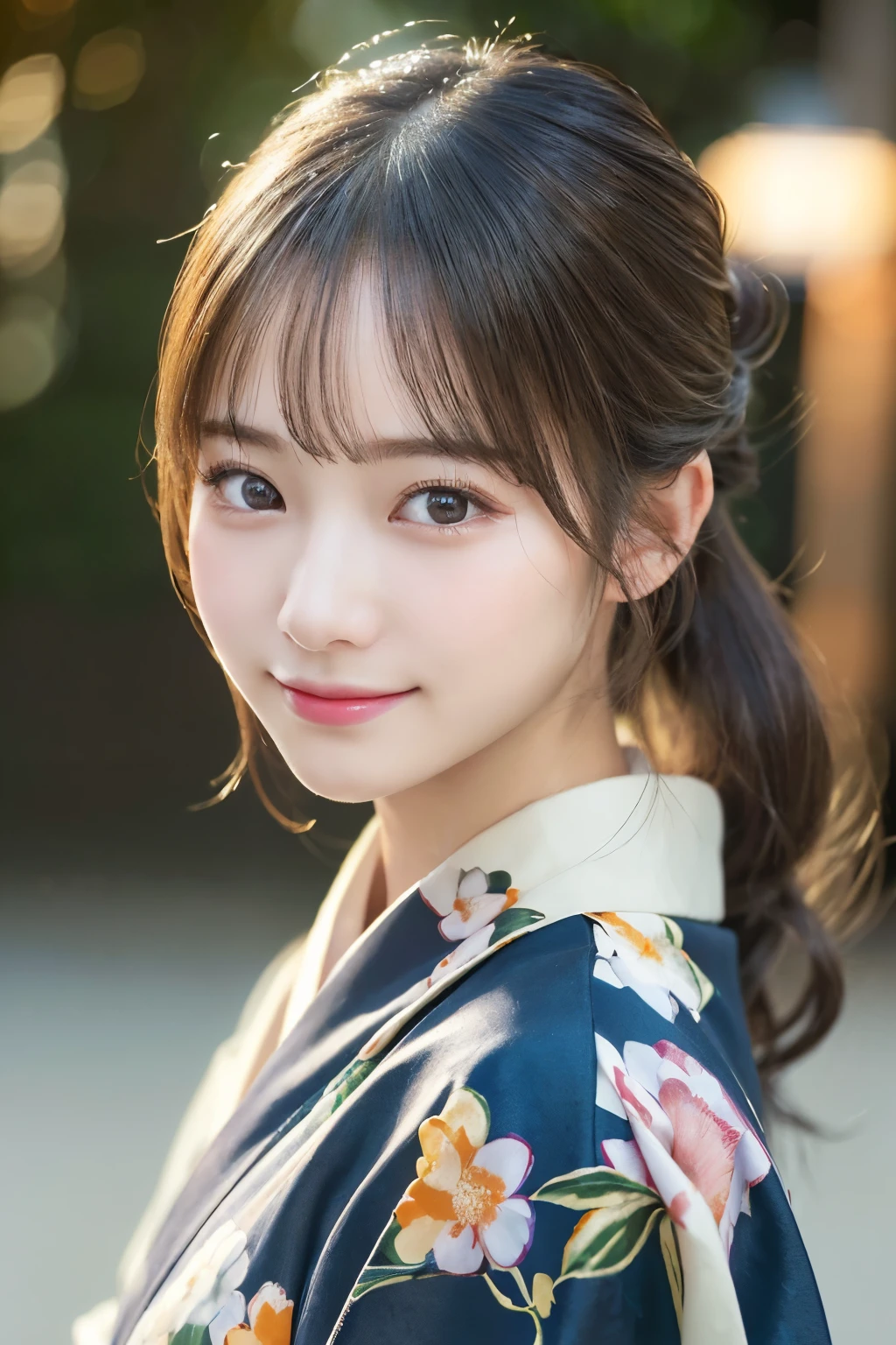 （kimono）、(highest quality、8k、High resolution、masterpiece:1.2)、Very detailed、(Realistic、photoRealistic、photo-Realistic:1.3)、Bokeh、Portraiture、Smile、(Detailed eyes、beautiful girl、Young face、Detailed face、No makeup)、Slightly backlit、Professional Lighting、Caustics