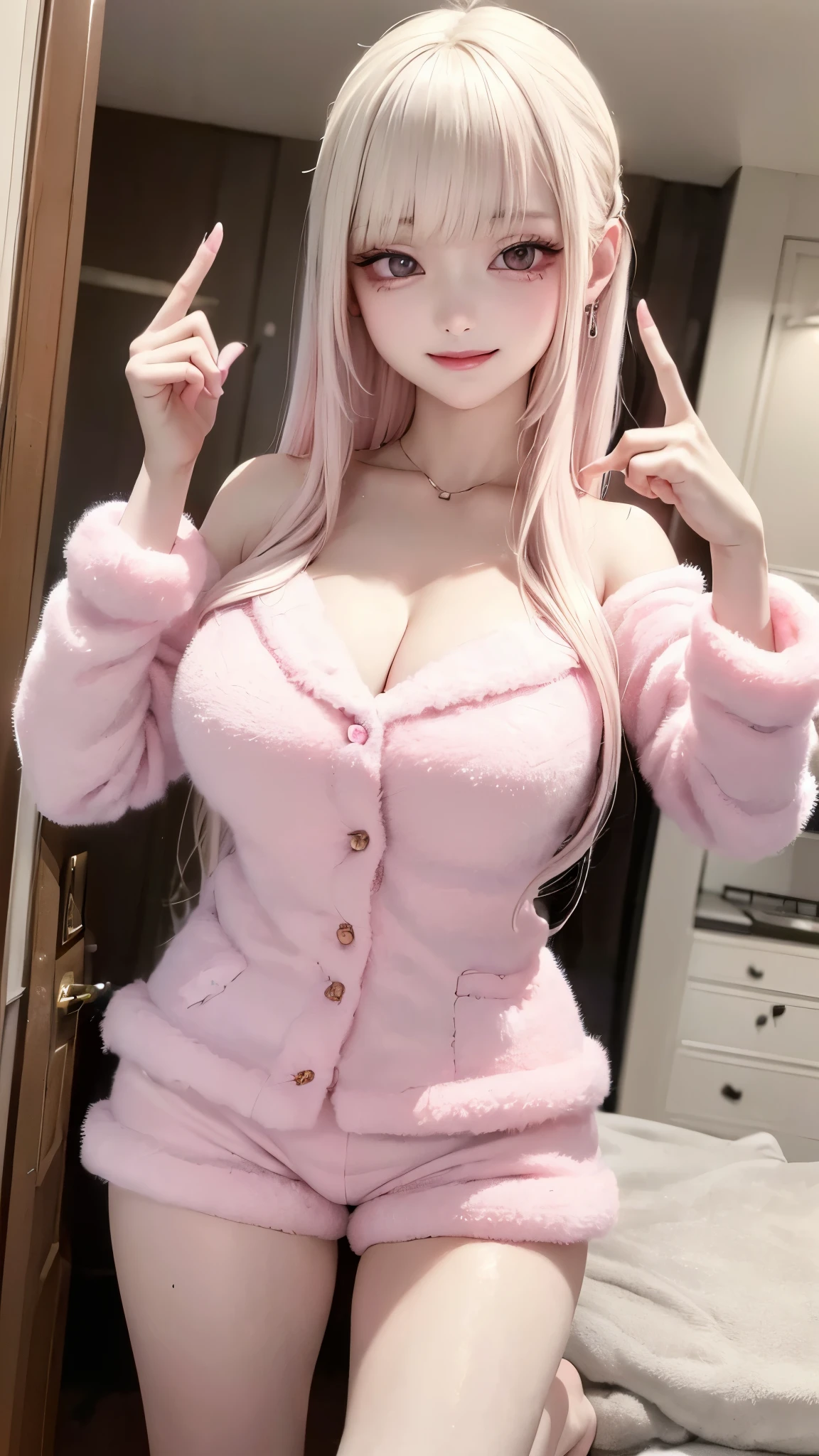 (masterpiece, highest quality, highest quality, Official Art, beautifully、aesthetic:1.2, Cinema Lighting、Key light at 45 degrees from the front, Subsidy light、Soft Backlight),
Beautiful face、Perfect round ass、the body is slim、Fit and body、Pale skin、Shiny, Bright Eyes、length eyelashes、
1 girl、alone、
accurate to the human body、Correct five-finger、Perfect human body、Knowledgeable person、Highly detailed face and skin texture、Natural neck length、(beautiful Hands)、beautiful, length, Thin legs、straighten both legs、Stretch out your arms、
Perfect human body、Accurate human body、A perfect and accurate left hand、A perfect and accurate right hand、Perfect and precise fingers、
,Earrings,Big cleavage、
slim, (kind, Goddess-like eyes, happiness: 1.2), (Lip gloss, eyelash, Terrible face, highest quality, Ultra-high resolution, Wide Lighting, Natural Shading), Absolute area、
(((All of these pajamas are made from super fluffy fleece material.:1.8, zetai ryoiki, All of these pajamas are made from super fluffy fleece material. Mini shorts:1.3, Thick white & pink horizontal stripes))),
Detailed Background、
Background Blur、Detailed and beautiful background
((Random hand gestures)),
Accurate 5-finger、Accurate human body、The perfect human body、(jiraigirl:1.5, jirai makeup:1.3, Glitter eye makeup),
A room with a living feel、(((super Big Breasts))),Dark bedroom、Luxury Love Hotel、Bold Pose、Sexy、Sensually、Ecstatic Face、To be spoiled and fawning、Wide legged、(Sensual ecstatic smile:1.5)