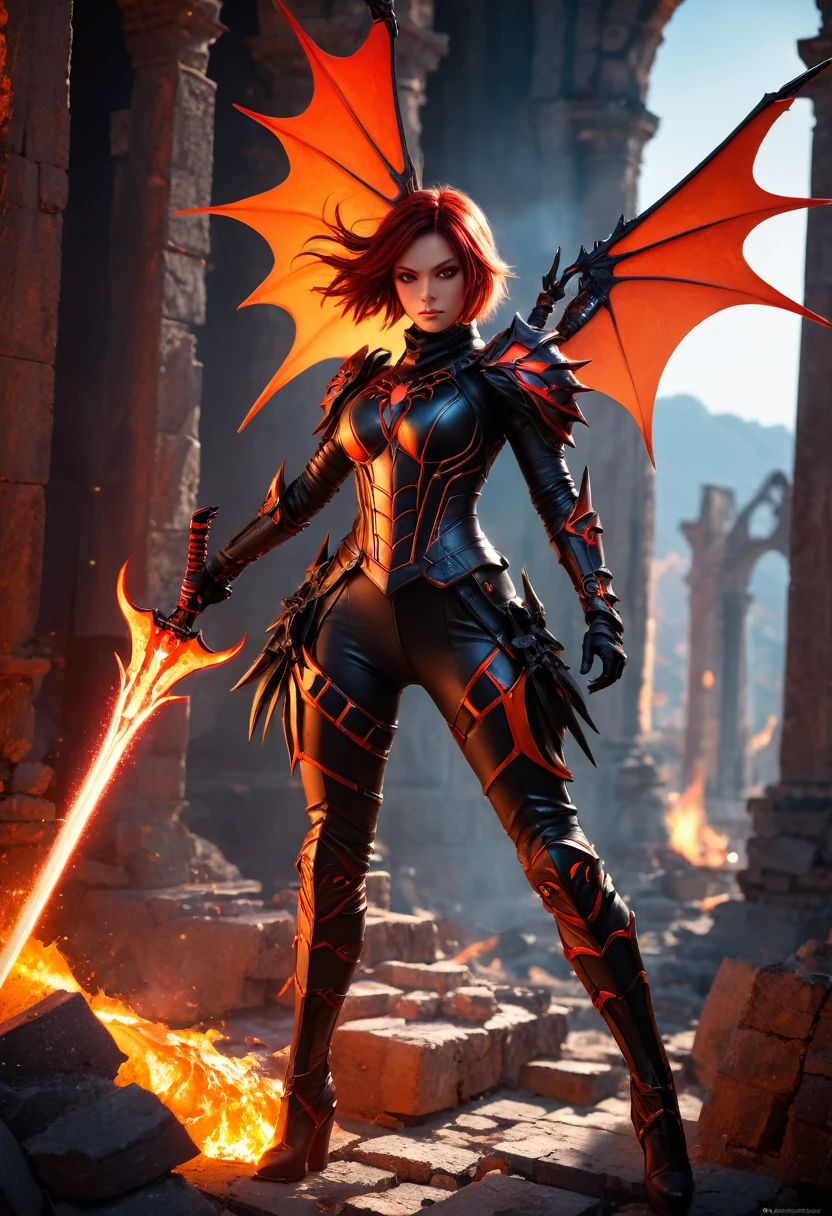 Best quality, best illustration, dark fantasy setting, beautiful girl and spider fusion, spike accessories, tight combat suit, red eyes, fiery demon wings, holding flame sword, casting shadows, standing on the ruins, red and orange color palettes, extraordinary power, dynamic lighting, depth of field, best shadows, stable diffusion model, sparkling light