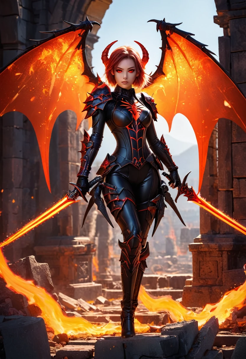 Best quality, best illustration, dark fantasy setting, beautiful girl and spider fusion, spike accessories, tight combat suit, red eyes, fiery demon wings, holding flame sword, casting shadows, standing on the ruins, red and orange color palettes, extraordinary power, dynamic lighting, depth of field, best shadows, stable diffusion model, sparkling light