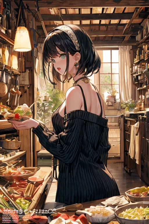 (small breasts:1.3), (perky chest:1.1), (pointed chest:1.0), (fashion magazine cover:1.3),(from below:1.0),(from side:0.9),masterpiece, 1girl, Amazing Cleavage:1.1, thin waist, big ass, Raised sexy, small breast: 1.3, posed cleavage:1.2、solo, looking at viewer, open mouth, have a cute grass of cute beergrass,black hair, dark green eyes, dress, bare shoulders, jewelry, collarbone, sidelocks, hairband, earrings, indoors, off shoulder, :o, sweater, arms behind back, plant, short hair with long locks, gild hairband, off-shoulder dress, sweater dress, off-shoulder sweater, red sweater, dark gord hair, big side hair, very long side hair,is rendered in (masterpiece: 1.2, best quality), with (ultra high resolution) and an exquisite (depth of field). This masterpiece is not only visually stunning but also tells,A scene of cooking in the kitchen by classroom