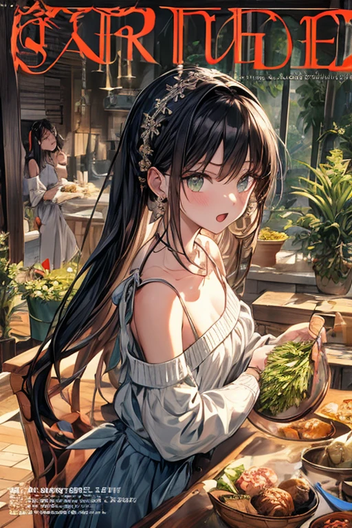 (small breasts:1.3), (perky chest:1.1), (pointed chest:1.0), (fashion magazine cover:1.3),(from below:1.0),(from side:0.9),masterpiece, 1girl, Amazing Cleavage:1.1, thin waist, big ass, Raised sexy, small breast: 1.3, posed cleavage:1.2、solo, looking at viewer, open mouth, have a cute grass of cute beergrass,black hair, dark green eyes, dress, bare shoulders, jewelry, collarbone, sidelocks, hairband, earrings, indoors, off shoulder, :o, sweater, arms behind back, plant, short hair with long locks, gild hairband, off-shoulder dress, sweater dress, off-shoulder sweater, red sweater, dark gord hair, big side hair, very long side hair,is rendered in (masterpiece: 1.2, best quality), with (ultra high resolution) and an exquisite (depth of field). This masterpiece is not only visually stunning but also tells,A scene of cooking in the kitchen by classroom