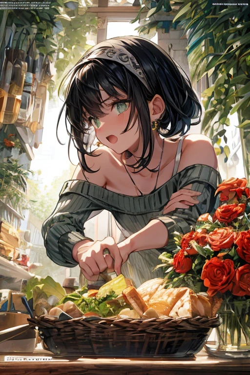(small breasts:1.3), (perky chest:1.1), (pointed chest:1.0), (fashion magazine cover:1.3),(from below:1.0),(from side:0.9),masterpiece, 1girl, Amazing Cleavage:1.1, thin waist, big ass, Raised sexy, small breast: 1.3, posed cleavage:1.2、solo, looking at viewer, open mouth, have a cute grass of cute beergrass,black hair, dark green eyes, dress, bare shoulders, jewelry, collarbone, sidelocks, hairband, earrings, indoors, off shoulder, :o, sweater, arms behind back, plant, short hair with long locks, gild hairband, off-shoulder dress, sweater dress, off-shoulder sweater, red sweater, dark gord hair, big side hair, very long side hair,is rendered in (masterpiece: 1.2, best quality), with (ultra high resolution) and an exquisite (depth of field). This masterpiece is not only visually stunning but also tells,A scene of cooking in the kitchen by classroom