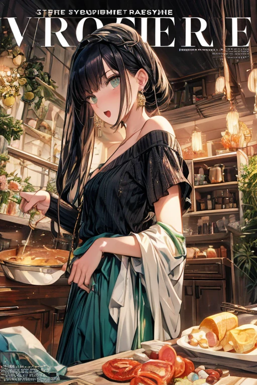 (small breasts:1.3), (perky chest:1.1), (pointed chest:1.0), (fashion magazine cover:1.3),(from below:1.0),(from side:0.9),masterpiece, 1girl, Amazing Cleavage:1.1, thin waist, big ass, Raised sexy, small breast: 1.3, posed cleavage:1.2、solo, looking at viewer, open mouth, have a cute grass of cute beergrass,black hair, dark green eyes, dress, bare shoulders, jewelry, collarbone, sidelocks, hairband, earrings, indoors, off shoulder, :o, sweater, arms behind back, plant, short hair with long locks, gild hairband, off-shoulder dress, sweater dress, off-shoulder sweater, red sweater, dark gord hair, big side hair, very long side hair,is rendered in (masterpiece: 1.2, best quality), with (ultra high resolution) and an exquisite (depth of field). This masterpiece is not only visually stunning but also tells,A scene of cooking in the kitchen by classroom