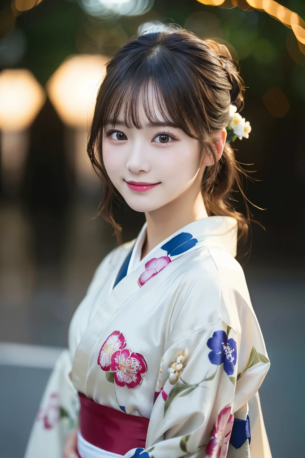 （kimono）、(highest quality、8k、High resolution、masterpiece:1.2)、Very detailed、(Realistic、photoRealistic、photo-Realistic:1.3)、Bokeh、Portraiture、Smile、(Detailed eyes、beautiful girl、Young face、Detailed face、No makeup)、Slightly backlit、Professional Lighting、Caustics