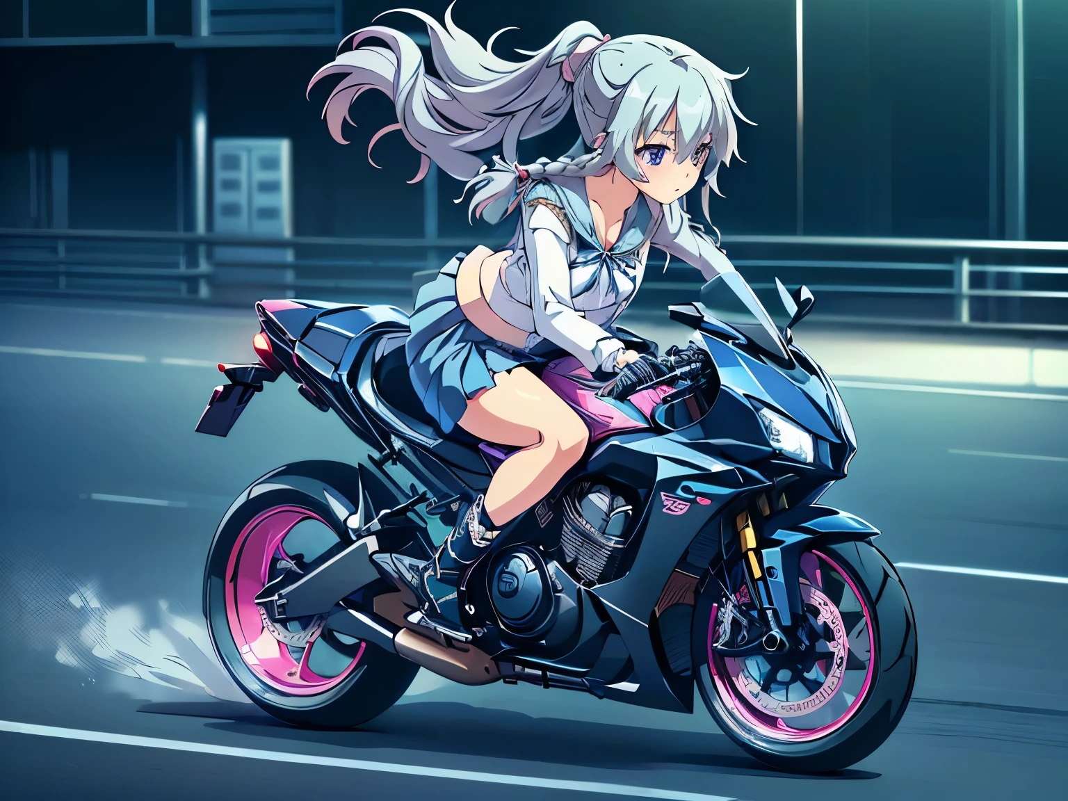 ((masterpiece, best quality, highres, UHD, perfect pixel, depth of field, 4k, RTX, HDR))), A (speeding) motorcycle the city at high speed,(slow motion:1.3),(Motion blur:1.3),(speed lines:1.4),sense of speed,Sparks and smoke coming out of tires,1girl, single, solo, beautiful anime girl, beautiful artstyle, anime character, ((,aasora, braid, long hair, side ponytail, hair ribbon, , sailor collar, pink bow, white shirt, long sleeves, belt, white skirt,black shoes)),amazing quality,best quality,Beautiful backgrounds, ((detailed eyes, beautiful eyes, perfect eyes,curly eyelashes, realistic eyes)), ((detailed face, blushing:1.2)), ((anime CG style)), medium breasts, ,blurred background,Eyes Wide Open,A (speeding) motorcycle the city at high speed,(slow motion:1.3),(Motion blur:1.3),(speed lines:1.4),sense of speed,Sparks and smoke coming out of tires,motorcycle,vehicle,,(((skirt lift))),(((blue panties))),(((skirt wind lift))),(((blue panties))),(((The wind makes my pants a little visible))),(((skirt lift))),(((blue panties))),(((skirt wind lift))),(((blue panties))),(((The wind makes my pants a little visible)))