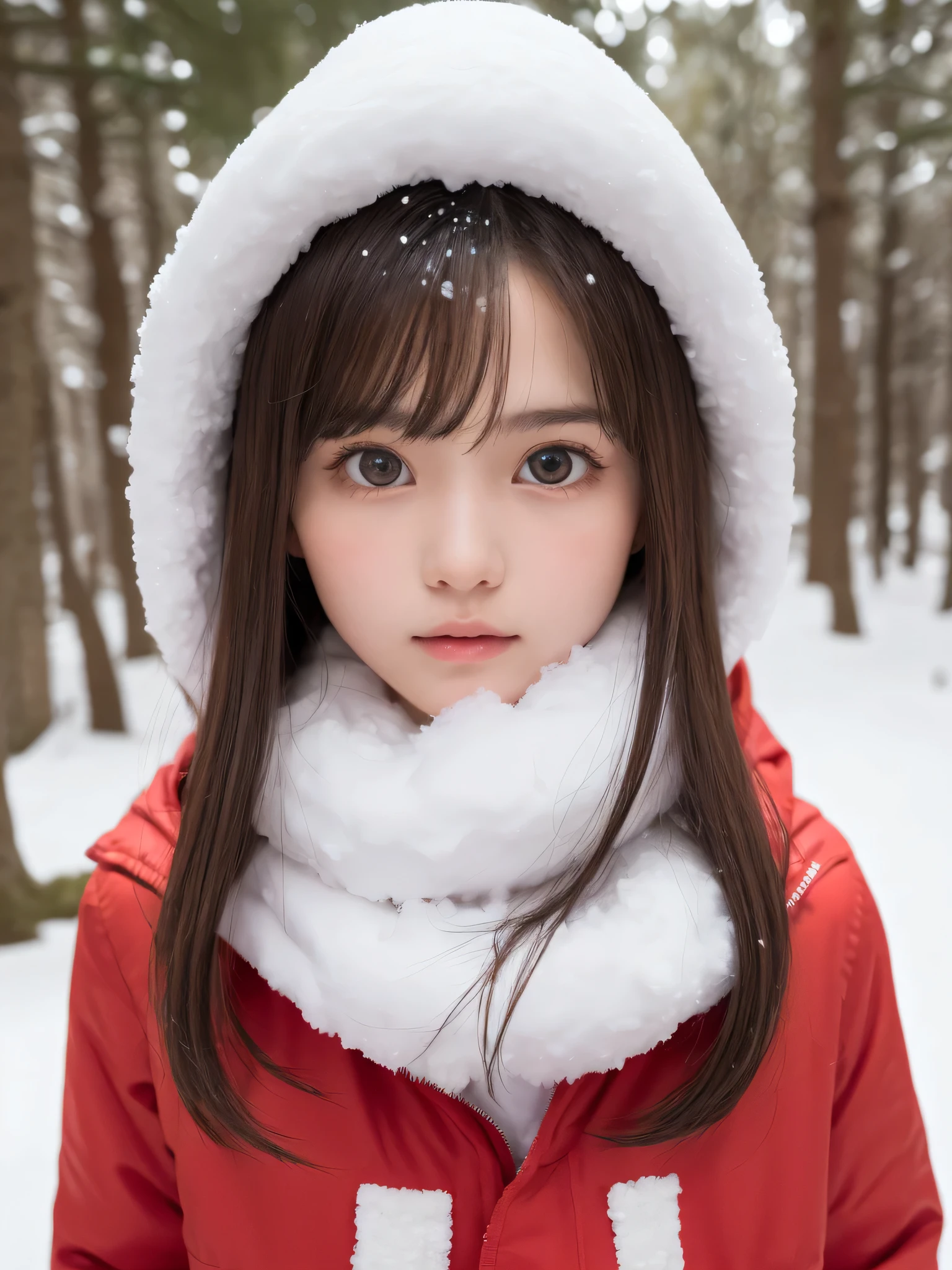 masterpiece, highest quality, One Girl, (Beautiful girl, Delicate girl:1.3), (Big eyes:1.3), (15 years old:1.3), Very fine grain definition, (Symmetrical eyes:1.3), (Snow Scene:1.3), (Red jacket:1.3), Beautiful nose, Brown eyes, Parted bangs, Short brown hair, , (Eye and facial details:1.0), (Get closer to the face, Zoom in on face:1.0), (Soft sunlight)