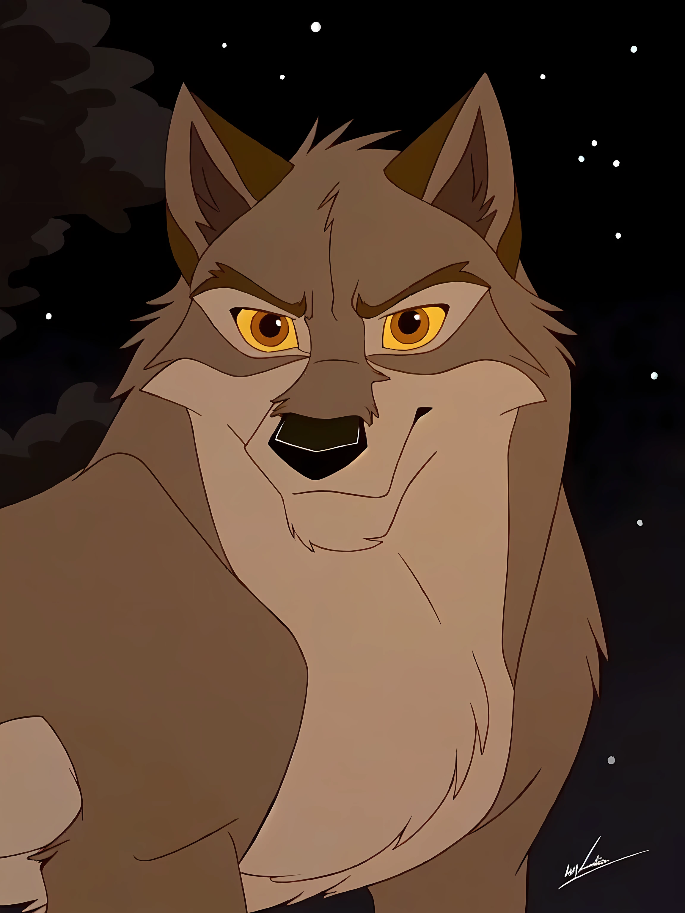 balto, full body, feral, detailed, detailed face, detailed eyes, quadruped, very muscular:1.0, pectorals:1.5, strong chest, biceps, wfa anatomy, black lineart, black outline, male, masculine, adult, wolf, wolf body, wolf tail, brown iris, yellow sclera, cartoon shading, cel shaded:1.0, strong body, confident, proud, front view, (night background, dark background):1.1, (dramatic lighting, bright highlights):1.1,